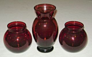 Set Of 3 Anchor Hocking Royal Ruby Red Vases 2 Ball & 6 3/8 "