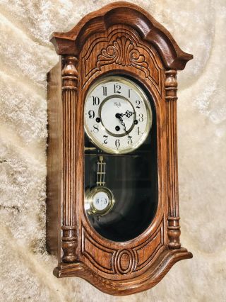 Vintage Germany Sligh Keywound Wall Clock Chime Striking,  Carved Oak Case