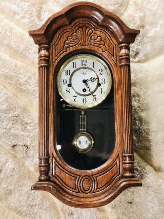 Vintage Germany Sligh Keywound Wall Clock Chime Striking,  carved oak Case 2