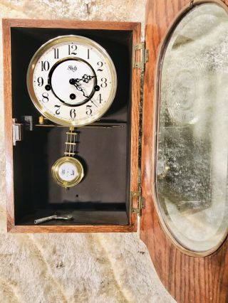 Vintage Germany Sligh Keywound Wall Clock Chime Striking,  carved oak Case 3