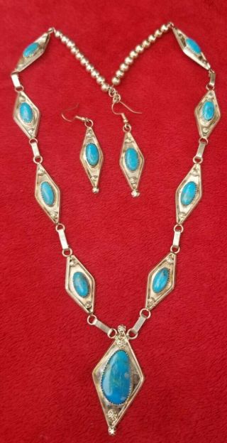 Vintage Navajo Native American Sterling Silver 925 Turquoise Necklace & Earrings