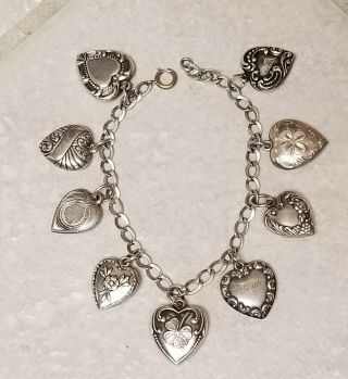 Vtg Sterling Silver Repousse Puffy Heart Charm Bracelet 6 9 Charms