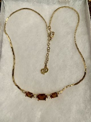 Signed Christian Dior Vintage Necklace With Amber And Clear Crystal Stones