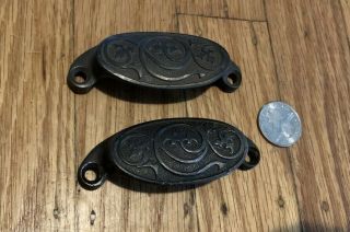 Pair Antique Cast Iron Victorian Decorative Bin Pull Handles 2 7/8 " Centers 1873