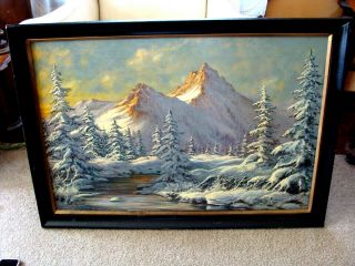 Vintage Winter Mountain & Stream Landscape Oil Painting Signed Romine 27 " X 40 "