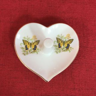 Vintage Japan Heart Shaped Porcelain Trinket Dish With Butterfly Design Gold Rim