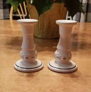 Set Of 2 Longaberger Pottery Woven Traditions Heritage Green 5 " Candlesticks