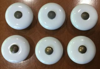 Round White Ceramic Brass Drawer Pulls 1.  5” Rustic Primitive Stand Out 6 Pc