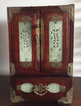 Vintage Chinese Wooden,  Brass & Jade Inlay Jewellery Box