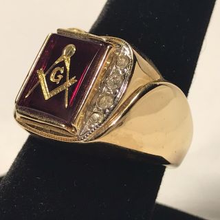 Masonic Lodge Ring Red Square Stone 18k Hge Gold Style Size 13 Usa Made