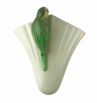 Vintage Sylvac Wall Vase Pocket Green Budgie Budgerigar Bird Ceramic England 8 "