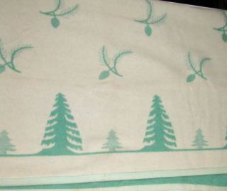 Vintage 50s Orr Felt Reversible Wool Blanket Green Beige TREES Forest 70 