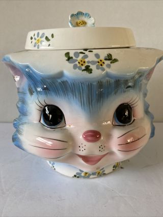 Lefton Miss Priss Blue Cat Ceramic Cookie Jar Vintage Japan 1502 Read With Lid