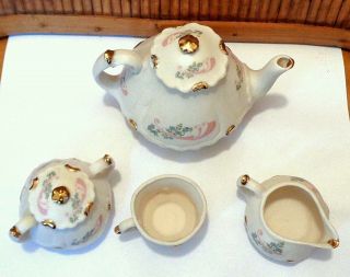 Child ' s Size Bisque Tea Set / Teapot,  Sugar,  Creamer,  Cup / Blue,  Pink & Gold 3