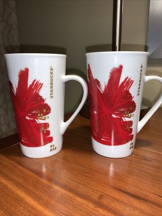 2 Starbucks Collectible Tall White & Red 2014 Christmas Ceramic Coffee Mug Cup