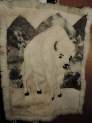 Vtg Shearling Sheep Skin Wall Hanging Buffalo Mountain Large 35”x48” Tapestry