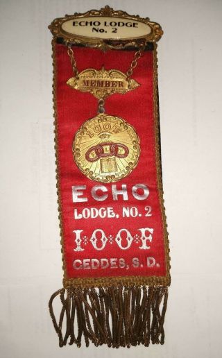 Antique Odd Fellow Ioof Geddes,  S.  D.  Ribbon Double Sided No 2 W/pins Pin Badge