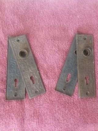 2 Pr Victorian Eastlake Skeleton Key Door Knob Back Plates Stamped Steel Pattern