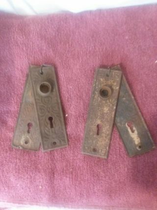 2 Pr Victorian Eastlake Skeleton Key Door Knob Back Plates Stamped Steel Fancy
