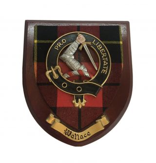 Wallace Family Wall Crest Clan Arms Logo Shield,  Pro Libertate,  Liberty Plaid
