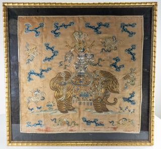 Antique Chinese Fine Embroidered Silk Robe Panel Badge Elephant Bats Qianlong