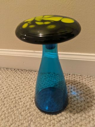 Vintage Blenko Glass Decanter W/ Mushroom Stopper In Turquoise Color 7022s