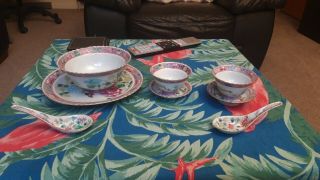 Straits Chinese Peranakan Famille Rose Plate,  Bowl,  Saucers And Teacups,  Spoons