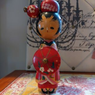 4 Vintage Kokeshi Wooden Japanese Dolls Bobblehead 2