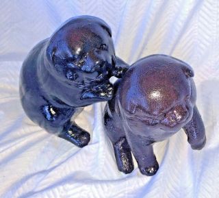 Pair Japanese Okimono Statue Shiba Inu Akita Gamboling Puppy Dog Iron Bronze 6 "