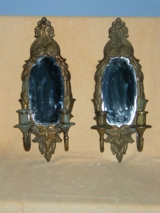 2 Vintage Brass Candelabra W/ Beveled Mirror Wall Hang