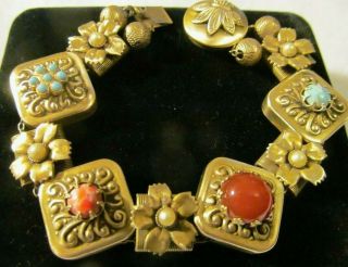 Vintage Victorian Coral Carnelian Turquoise Puffy Gold Slide Charm Bracelet