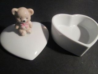Heart Shaped Trinket Box With Bear On Top Ceramic 3 " X 3 "