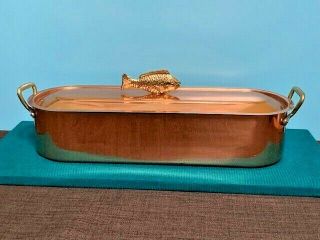 Vintage Copper Fish Poacher With Rack,  Brass Handles & Fish On Lid