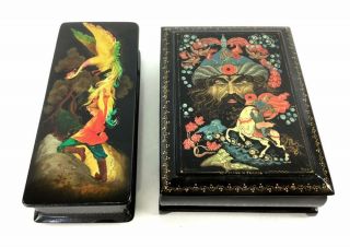 2 Vintage Russian Lacquered Hand Painted Black Lacquer Wood Trinket Boxes Signed