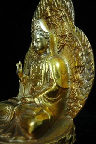 Chinese Old Gilt Bronze " Guanyin " Buddha Seated Statue " Qianlong " Mark