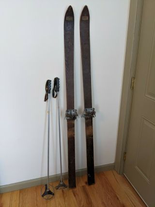Vintage Wooden 65 " Snow Skis And Poles Leather With Patina Great Decoration