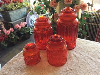 Vintage Le Smith Set Of 4 Moon And Stars Red Glass Canister Jars Apothecary