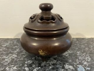 Chinese Bronze Censer And Cover On Tripod Supports Splash Gilt 4 Character Mark