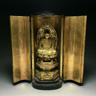 Old Japanese Japan,  Buddhism Wooden Buddha Statue Syaka & Zushi Box 20.  5cm　並