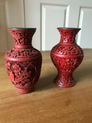 Two Small Antique Chinese Cinnabar Hand Carved Vase Floral Decoration