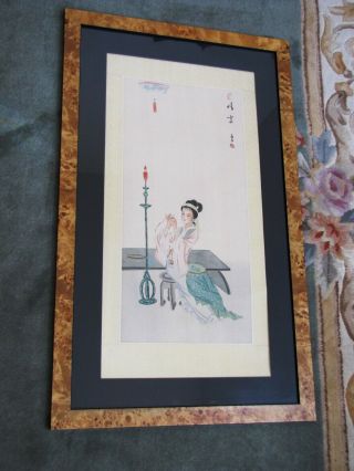 Antique Chinese Hand Painting Signed On Silk Lady Netting At Night Scroll.  Framed