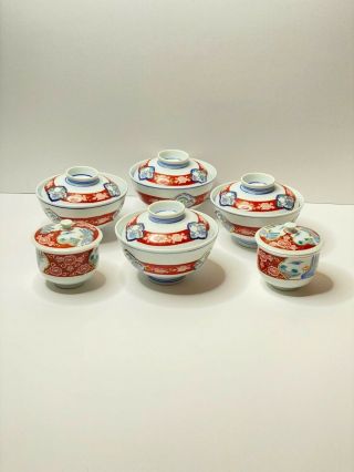 Antique Japanese Imari (arita) Porcelain Covered Rice Dishes And Covered Teacups