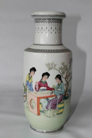 Chinese Vase Republic Period Rouleau Shaped Signed Marked Famille Rose Pottery