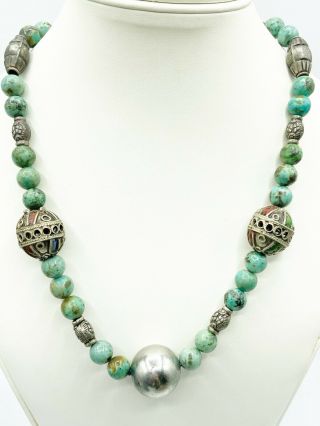 Vtg Chinese Turquoise Bead Necklace Sterling Clasp