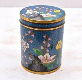 Antique Chinese Cloisonne Round Covered Jar With Lid Blue Enamel Brass Vintage
