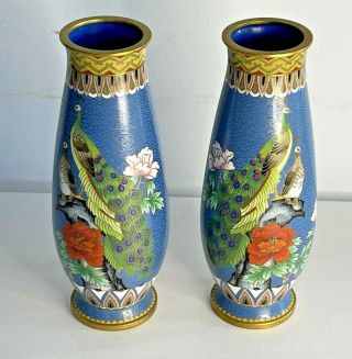 Pr Of Stunning Antique Vintage Chinese Cloisonne Vases With Peacock Designs