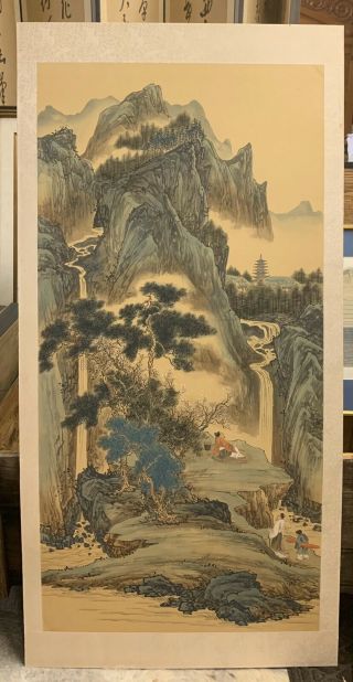 Large Vintage Chinese Silk Painting Of Figures & Mountains 50”x 25”