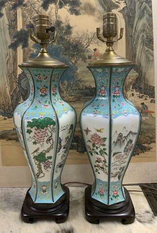 Vintage Pair Chinese Canton Enamel & Brass Vases Lamps Hand Painted Scenes