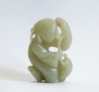 Fine Antique Chinese 19th Century Jade Carving Of Young Girl With Flower