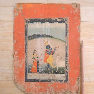 Antique Indian Miniature Painting Krishna Radha & Cow 18th 19th C Ragamala Vtg
